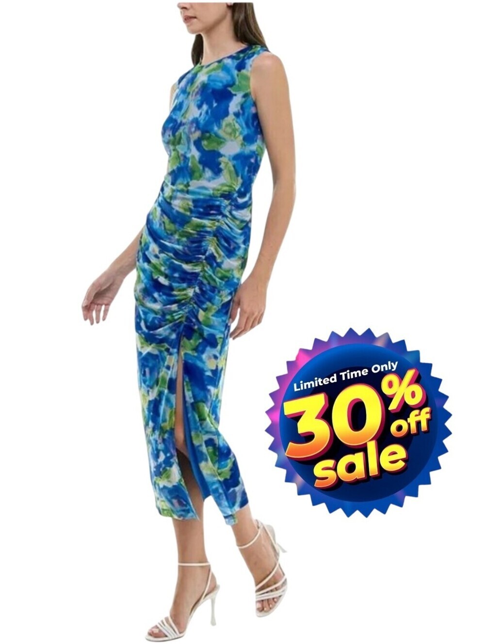 Taylor Blue Green Watercolor Floral Mesh Ruched Midi Dress Slit 10 NWT